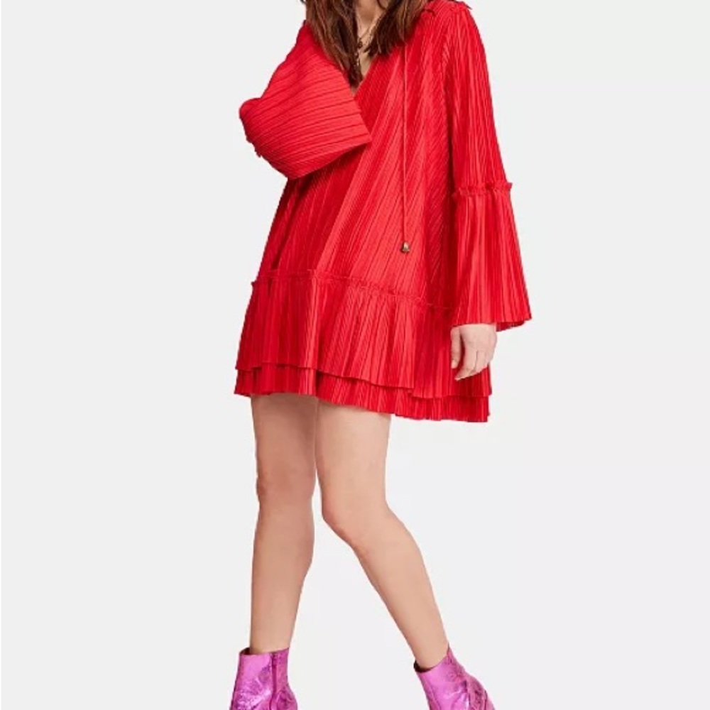 Free People Womens Large Red Pleated V neck Long Sleeve mini Dress